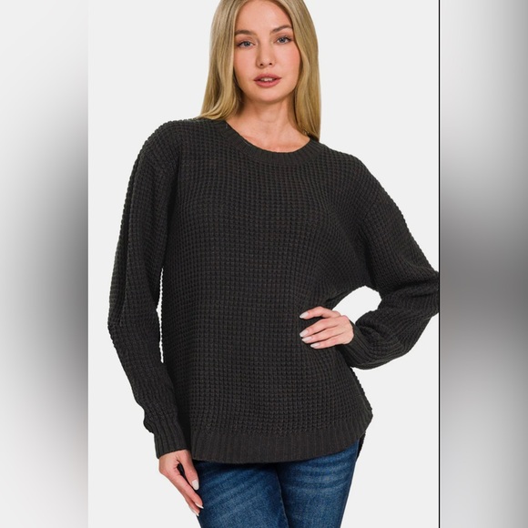 Zenana High Low Long Sleeve Waffle Sweater - Picture 1 of 6